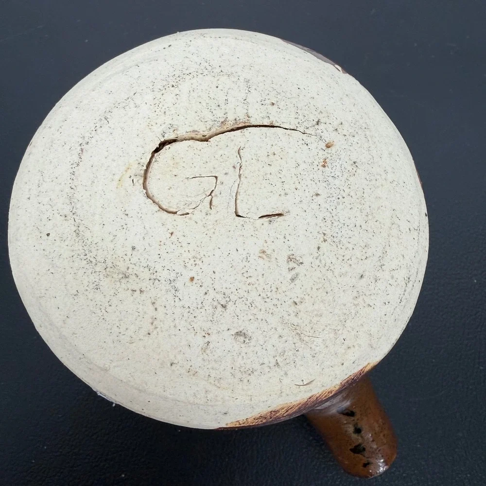 Studio Pottery Handcrafted Brown Glazed Spouted Vessel Signed GL Rustic Decor